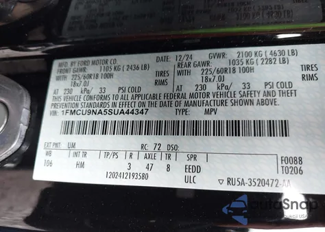 2025 Ford Escape St-Line Select z USA, uszkodzony, nr VIN 1FMCU9NA5SUA44347